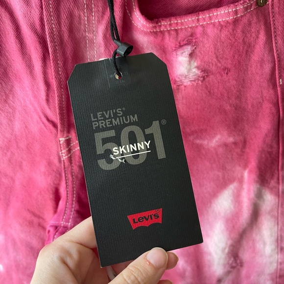 Levis 501 Skinny Jeans Tie Dye Pink Custom New Tags Distressed Button Fly 26x28 - Picture 4 of 8